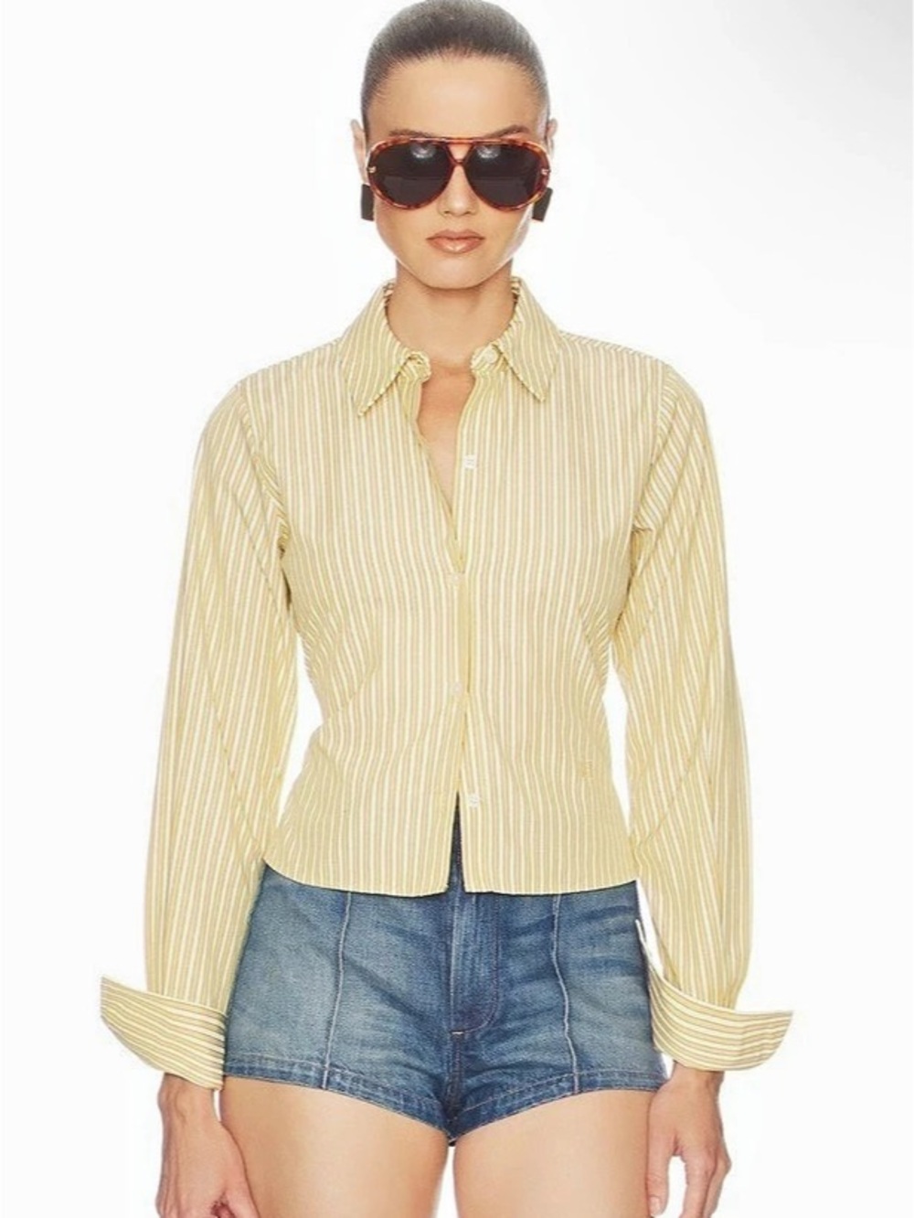 Helsa Stripe Poplin Fitted Shirt Yellow & White Button Down
